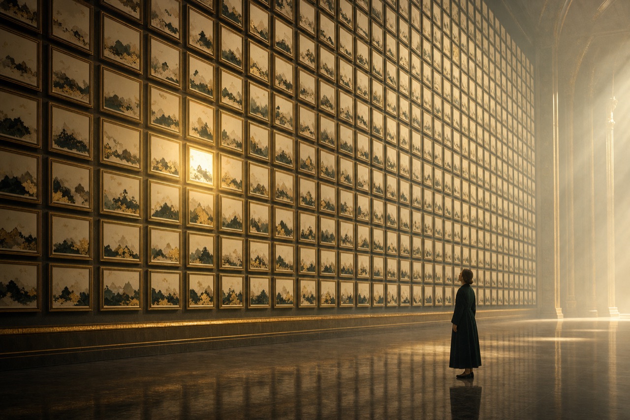 A vast gallery wall of framed variations of one image, one glowing brighter than the rest