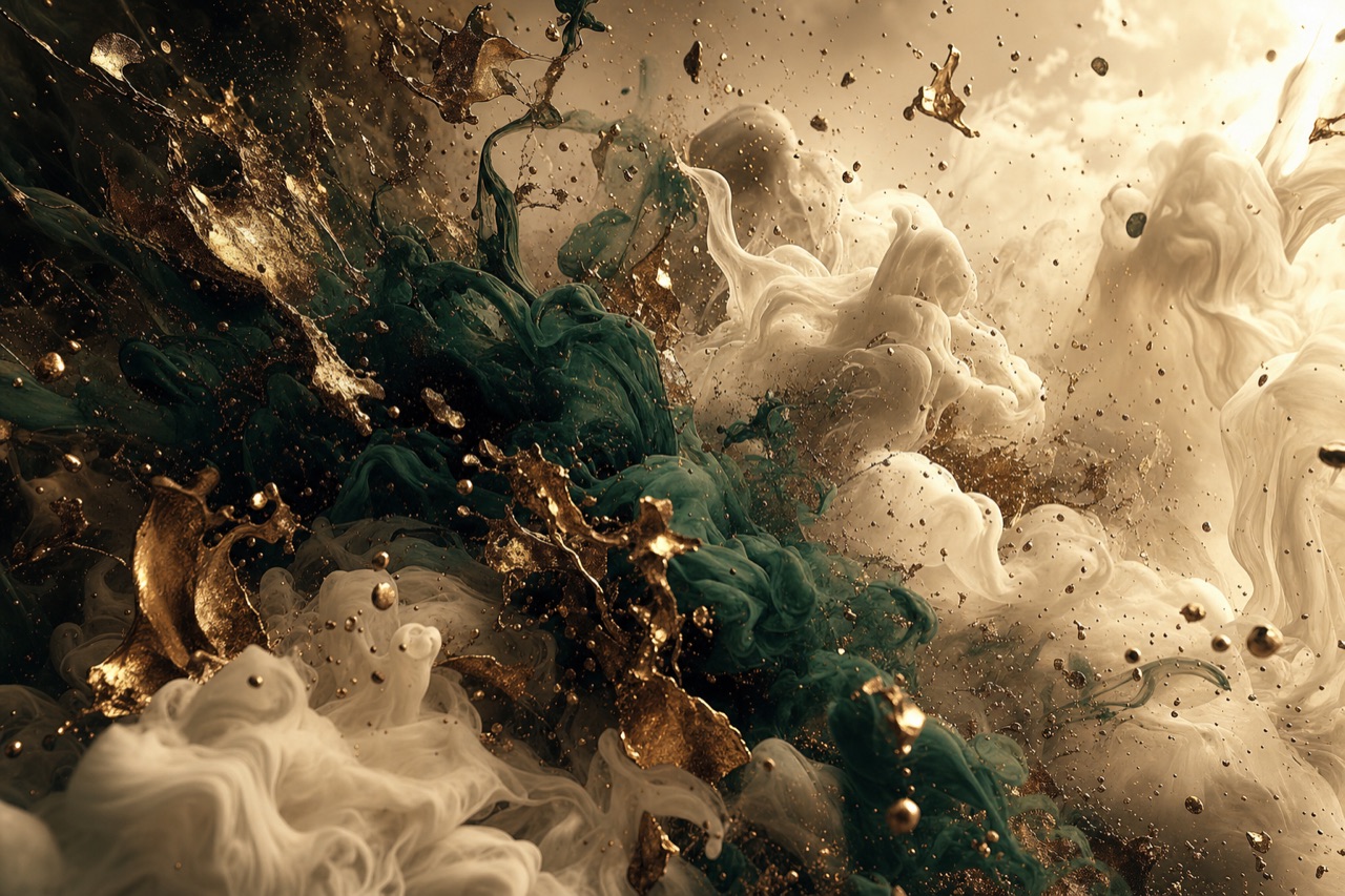 Antique-gold and forest-green ink blooming through cream fluid, a brand-film still